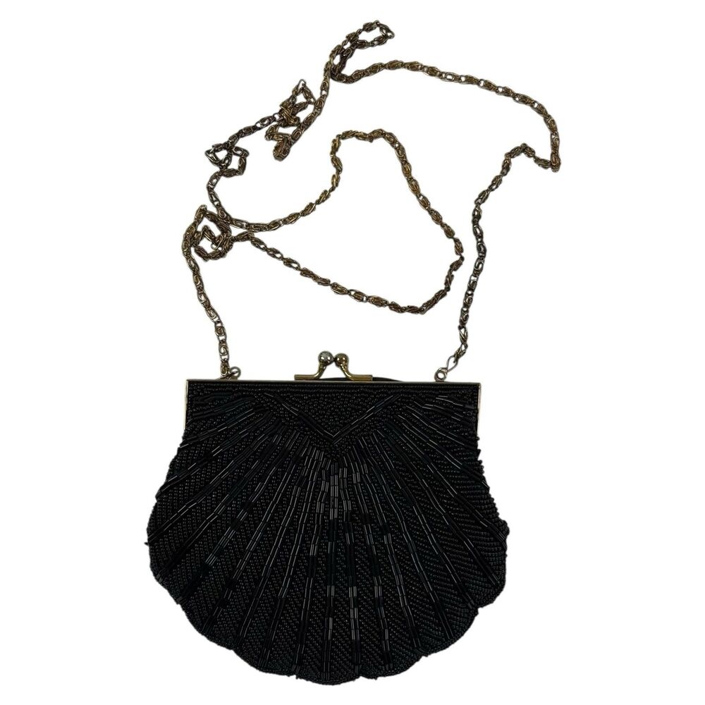 La Regale Black Sea Shell Beads Evening Shoulder Bag Purse Crossbody 6x5.5 Macau